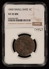 1840 1c Braided Hair Large Cent - Small large 18 - Ngc Vf 35 Bn - Sku-t4463