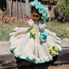 Vintage Handmade 13  Crochet Bed Doll Blue Eyes Blue Satchel 