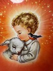 Vintage Charlot Mid Century Religious Art Boy Lamb   Bird Wood Plaque Decor