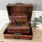 Vintage Nested Decorative Storage Suitcase Set Faux Leather Leaf Design 3 Pc