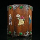 China Antique Vintage Rosewood Inlaid Shell Exquisite Children Statue Brush Pot