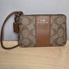 Coach F64233 Corner Zip Wristlet Coated Signature Canvas Stripe Saddle Brown 