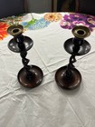 Antique Pair Of 12 5  English Oak Barley Twist Candlesticks - One Repaired As Is