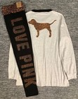 Victoria s Secret Pink Leopard Campus Tee Shirt   Leggings Set Gray Black L Xl