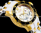 Invicta Mens Pro Diver Scuba Chronograph 18kt Gold Silver Dial White Strap Watch