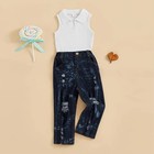 Toddler Kids Baby Girls Sleeveless Lapel Top ripped Jeans Clothes Outfits Set