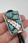 Vtg A  Penketewa Zuni Sterling Silver Natural Turquoise Stamped Bolo Tie 1 5 
