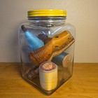 Vintage Lot Antique Industrial Beehive Bobbin Ridged Quills Wood Spools Lg Jar