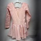 Girls Pink Long Sleeve Ballet Dance Leotard Dress Tutu Skirt Sparkle Rhinestones