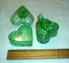Pair Of Vtg Green Glass Heart Shape W birdie Powder trinket Box