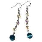 Sterling Silver 925 Blue Cat Eye   Iridescent Glass Dangle Drop Earrings