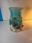 Teal Blue And Green Mosaic Glass Vase W  Shell Sand Design 11    Tall 6    Wide