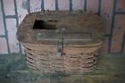 Antique Wicker Fishing Creel Basket Wood Top Leather Hinge
