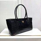 Women s Glossy Black Crocodile Texture Tote Bag Gold Hardware Commuter Purse