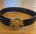 Vtg A  Brod Black Leather Italian Gold Ornate Lions Buckle Belt Cities 26-30    M