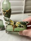 Vintage Green Glass  Enameled Jewel Perfume Bottles   Set Of 3   Dragonfly Flora
