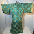 Vtg Jola Japan Kimono Robe Teal Gold Metalic Checkerboard Full Length 60   s 70   s