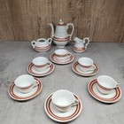 Vtg Child Playset Porcelain Tea Coffee Set White Orange Black Gold Stripe