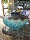 Vintage Studio Art Pottery Drip Glaze Large Vase Brown Turquoise Unique Unsigned