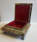 Vintage Green Onyx Marble Stone Jewelry Box Footed Red Velvet Hinged Trinket