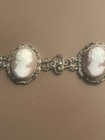 Ornate Antique 800 Silver Filigree Shell Carved Cameo Link Bracelet  7 5    Long