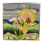 Vintage Crewel Embroidery Framed Picture Art Sunset Flowers 1977 Mcm 16 x16 