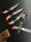 Lot Of 20 Handmade  American Flag Edc Foldings Knives With Leather Sheaths