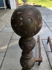 Antique Colonial Brass And Cast Iron Fireplace Cannonball Andirons - 