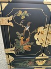 Vintage Asian Black Lacquer Cabinet Hand Painted Birds Brass Hardware 3 Drawers