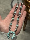 Sterling Silver White Water Turquoise Navajo Pearl Squash Blossom Necklace  925