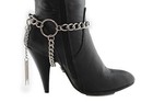 Women Biker Boot Bracelet Silver Metal Chain Rider Shoe Charm Long Fringes Ring