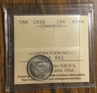 1936 Canada Silver 10 Cents Coin - Iccs Ms-64 -