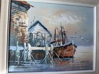 Vintage Nautical Harbor Oil Painting Signed Davis Mcm Impasto Fishing Boat Art