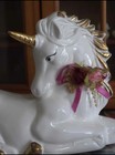 Vtg Porcelain Unicorn W Pink Ribbon  Pearls 7x9 
