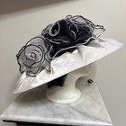 Whitall Shon White Fabric Kentucky Derby Church Hat Organza Blk white Bows Nwot