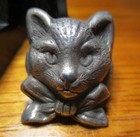 Vintage Antique French White  realistic Kitty Cat Head W bow  Metal Button