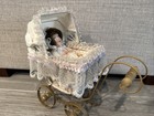 Vintage Rare Porcelain Bisque 7  Baby Doll  W buggy 12 x12  White   G0ld Metal