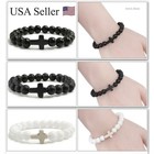 Charm Natural Stone Bracelet Cross Black Lava Matte Beaded Bracelets Handmade 