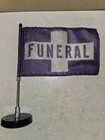 2 Vintage 80 s Funeral Flags spring Arm magnetic Base purple white hopkins exc 