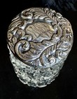 Antique Victorian English Repousse Sterling Silver Lid Cut Glass Vanity Jar 1897