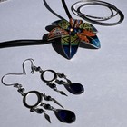 Chico s Orange Green Blue Rhinestone Flower Necklace Vtg Silver Tone Jewelry Set