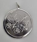 Vintage 925 Sterling Silver Birds And Flowers Etched Engraved Large Disk Pendant