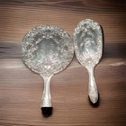 Heavy Old Signed   Silver -plated Ornate Rose Patten Hand Mirror  And Brush 