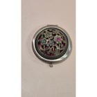 Vintage Style Floral Filigree Compact Mirror Rhinestone Brass Tone Purse Mirror
