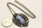 Vintage Art Deco Czech Blue Glass Cabochon Enamel Flower Pendant Necklace