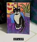 Aceo Original Art Painting Tuxedo Black And White Cat Purple Chair Plants Ooak 
