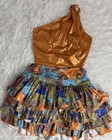 Gold One Shoulder Dance Outfit With Multicolor Ruffle Skirt For Women
