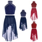 Girls Figure Skating Dress Ballet Lyrical Dance Costume Rhinestones Cutout Back