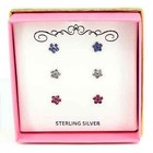 Sterling Silver 925 Cz Kids Girls Childrens Flower Earrings Set Of  3 