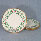Lenox Holiday Salad Plate Set Of 4 Porcelain Holly Christmas 24k Gold Trim Vtg
